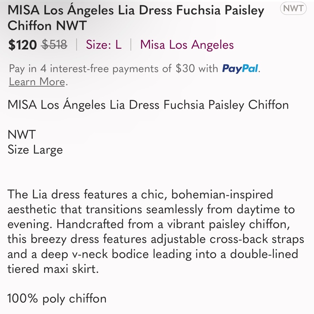 MISA Los Ángeles Lia Dress Fuchsia Paisley Chiffon NWT - Picture 10 of 10